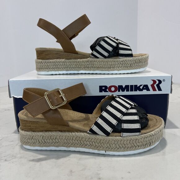 Romika NEW Women Madison Black Cream Striped Espadrille Sandals EU 37 US 6 - 6.5 - Picture 1 of 14